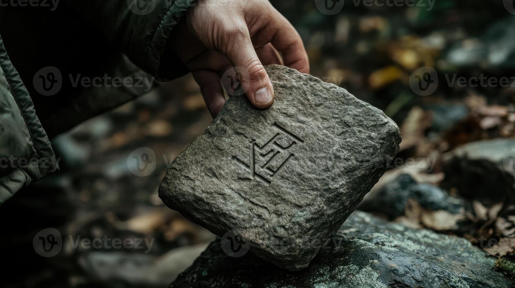 Hand holds a stone slab etched with mysterious symbols photo