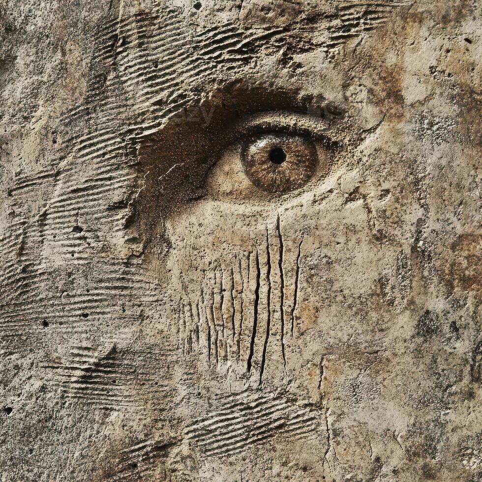 Eye carved into weathered stone with textured patterns nearby photo