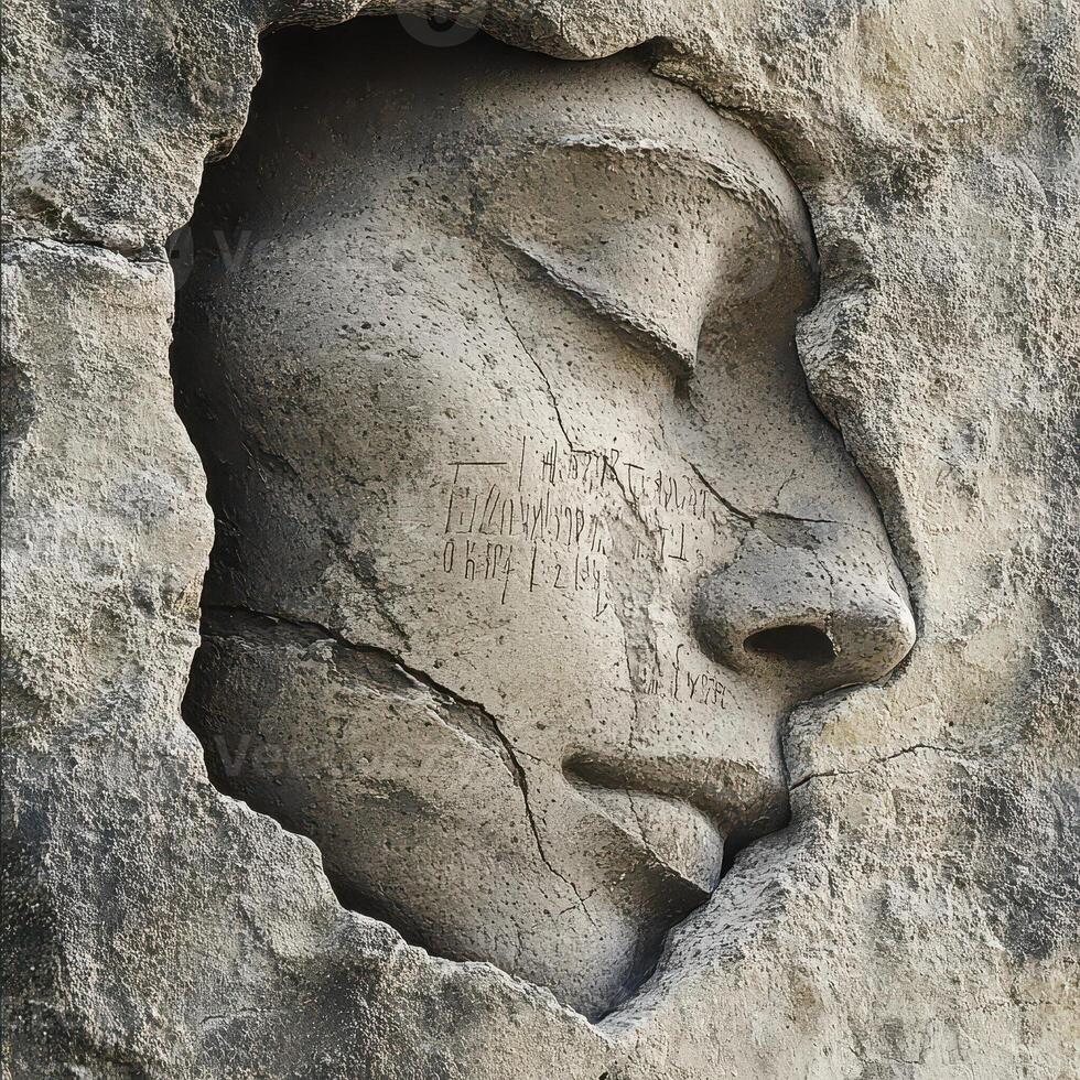 Carved stone face with eyes closed emerging from rock photo