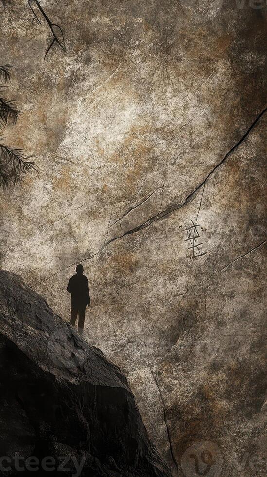 Man stands by rock wall with ancient markings photo