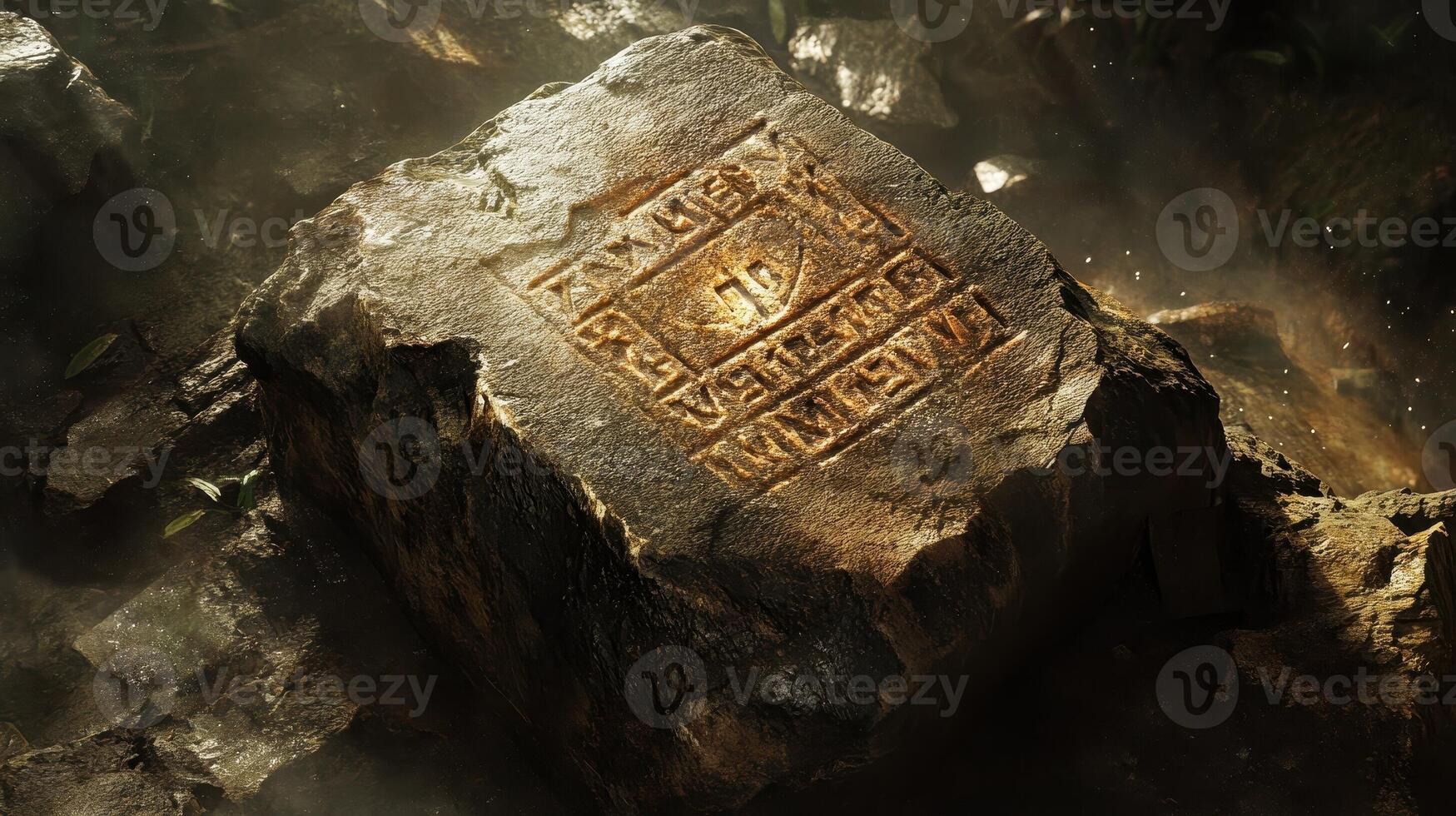 Ancient stone block engraved with mystical symbols rests among ruins photo