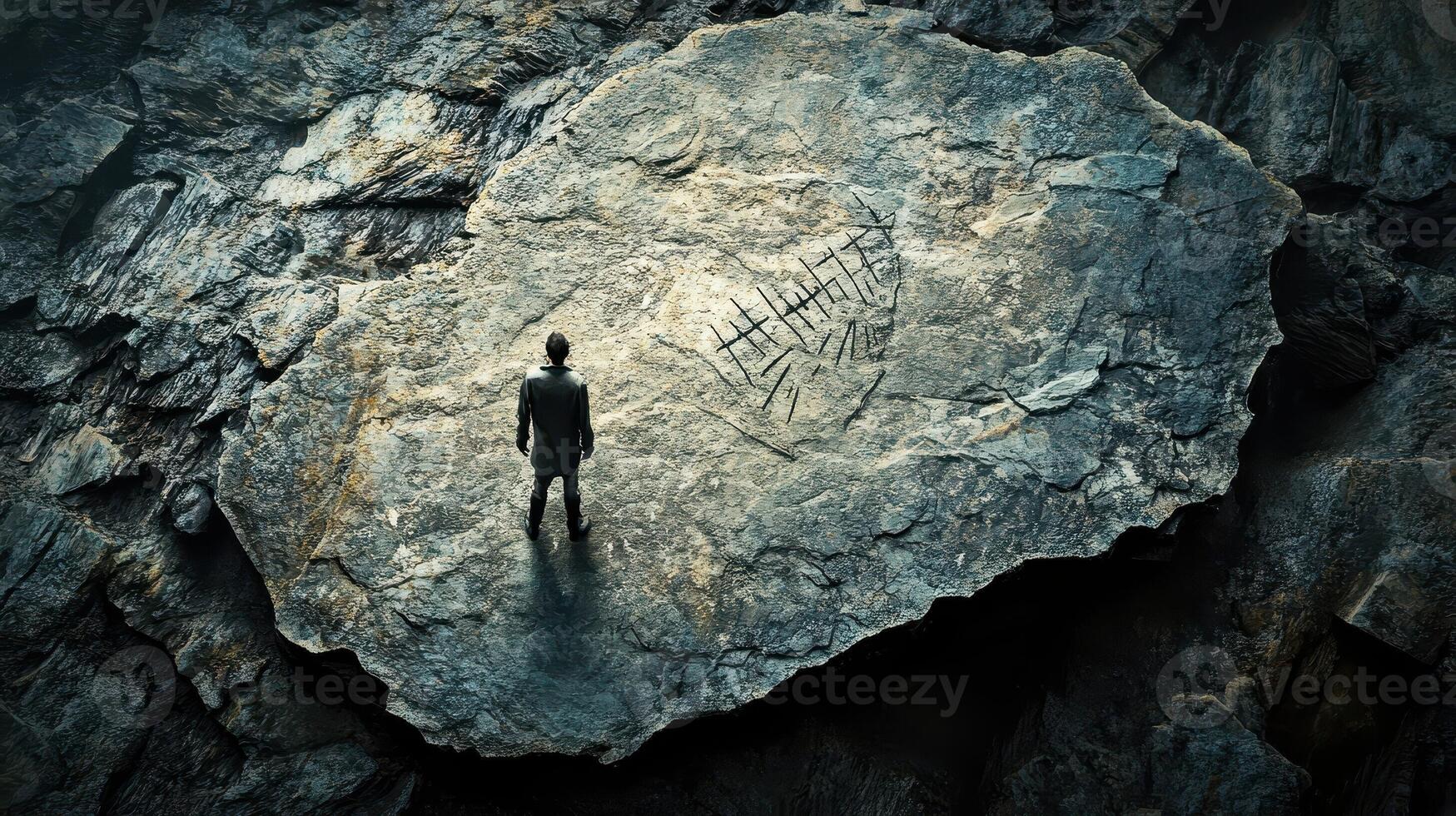 Man stands observing ancient carvings on a large stone photo