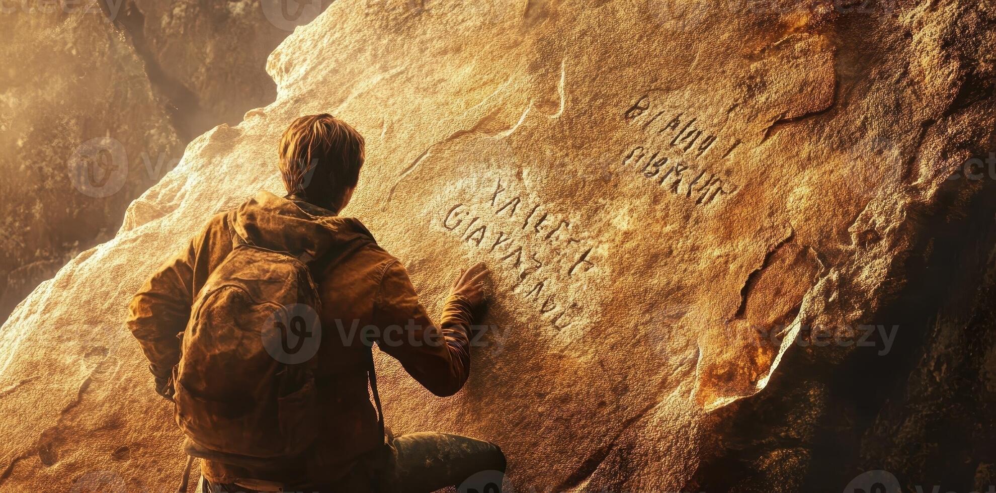 A man inspects ancient writings etched into a large rock face photo