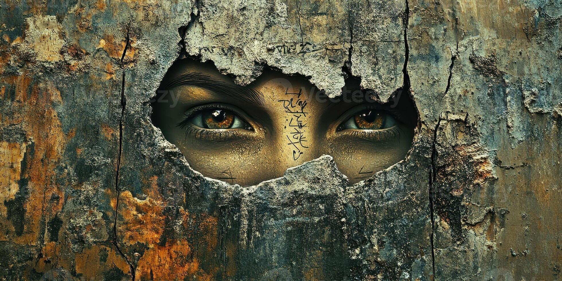 Mysterious eyes peer through a cracked and weathered concrete wall photo