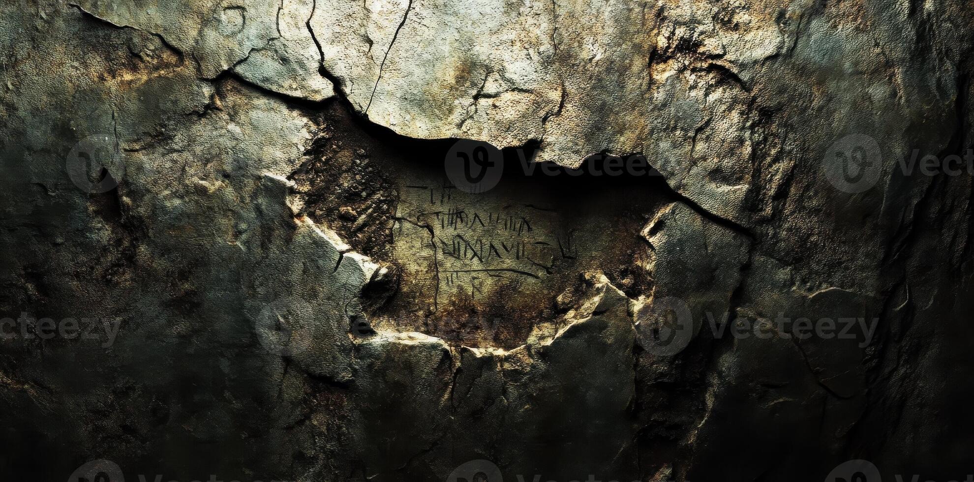 Ancient inscription carved into cracked rock surface detail view photo