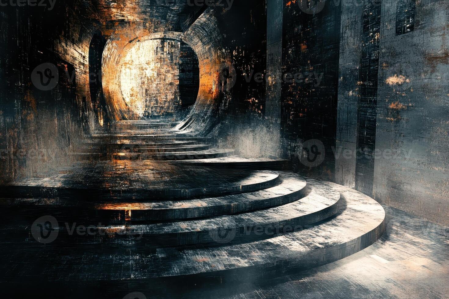 Round doorway with steps in a dark textured structure photo