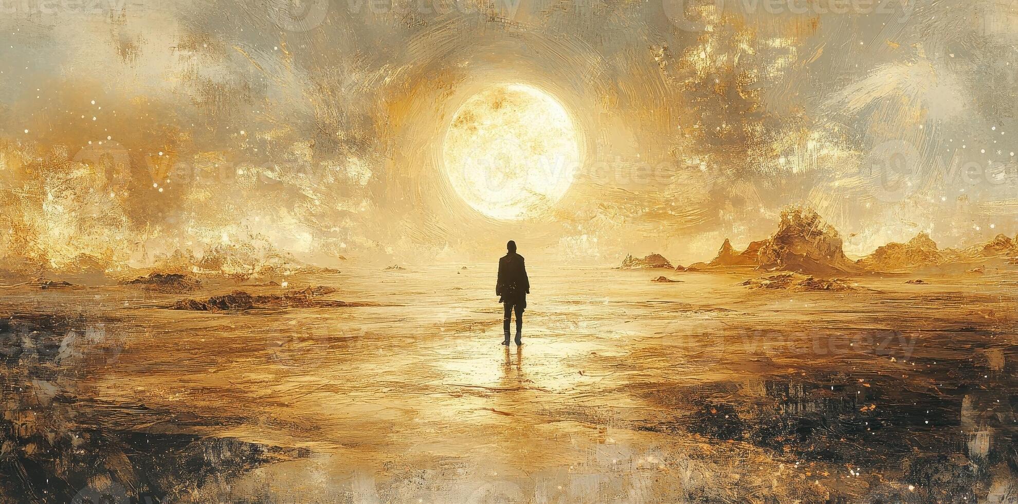 Silhouette gazes at a massive sun in a desolate landscape photo