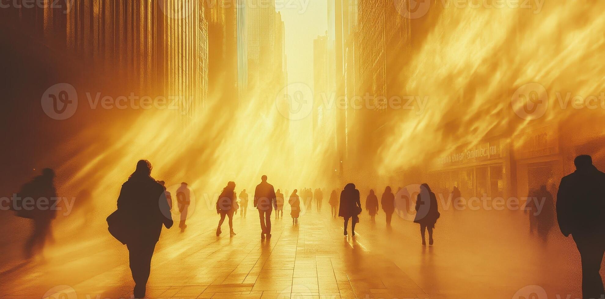 People walk through a city enveloped in a hazy atmosphere photo