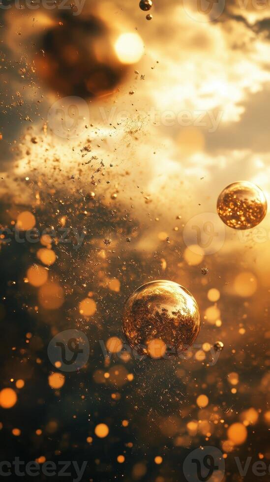 Golden spheres float amidst a backdrop of shimmering light and clouds photo