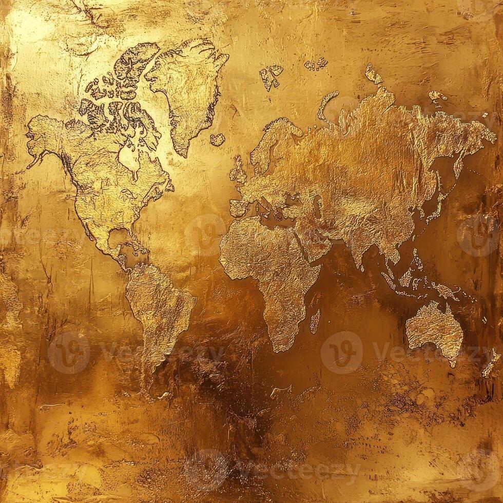 World map created with gold leaf texture is displayed photo
