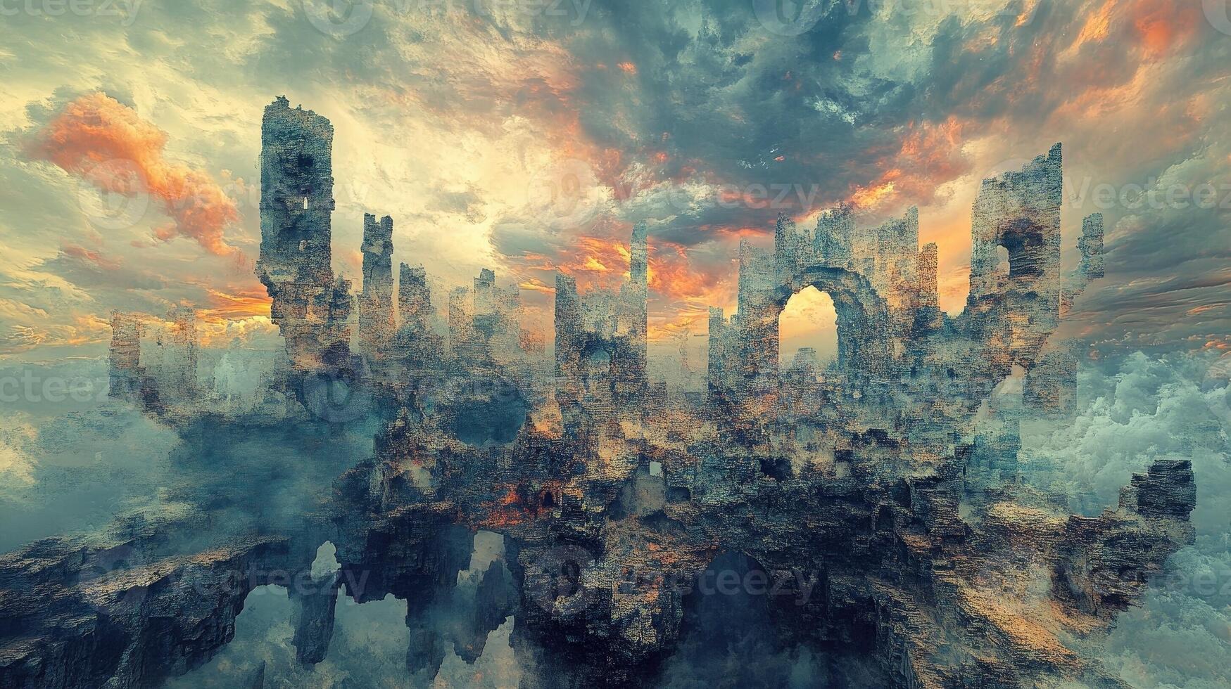 Ancient ruined castle floating amidst the clouds at sunset photo