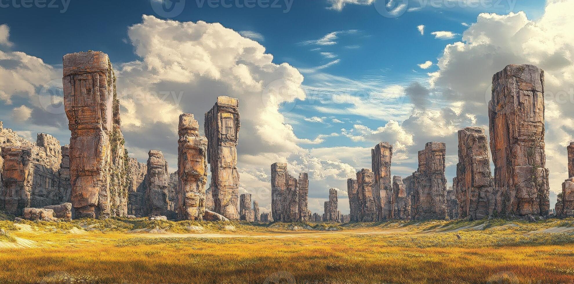Ancient stone pillars stand sentinel on grassy plain under sky photo