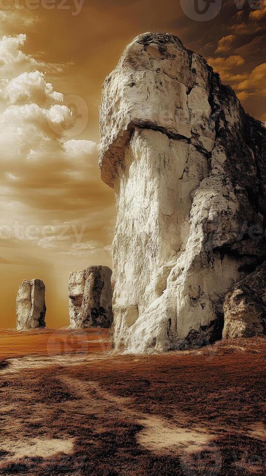 Tall rock formations stand in a desolate landscape under clouds photo