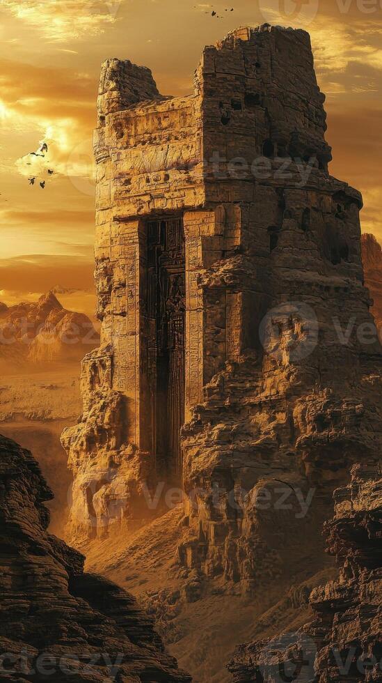 Eroded rock tower with intricate carvings stands tall in desert photo