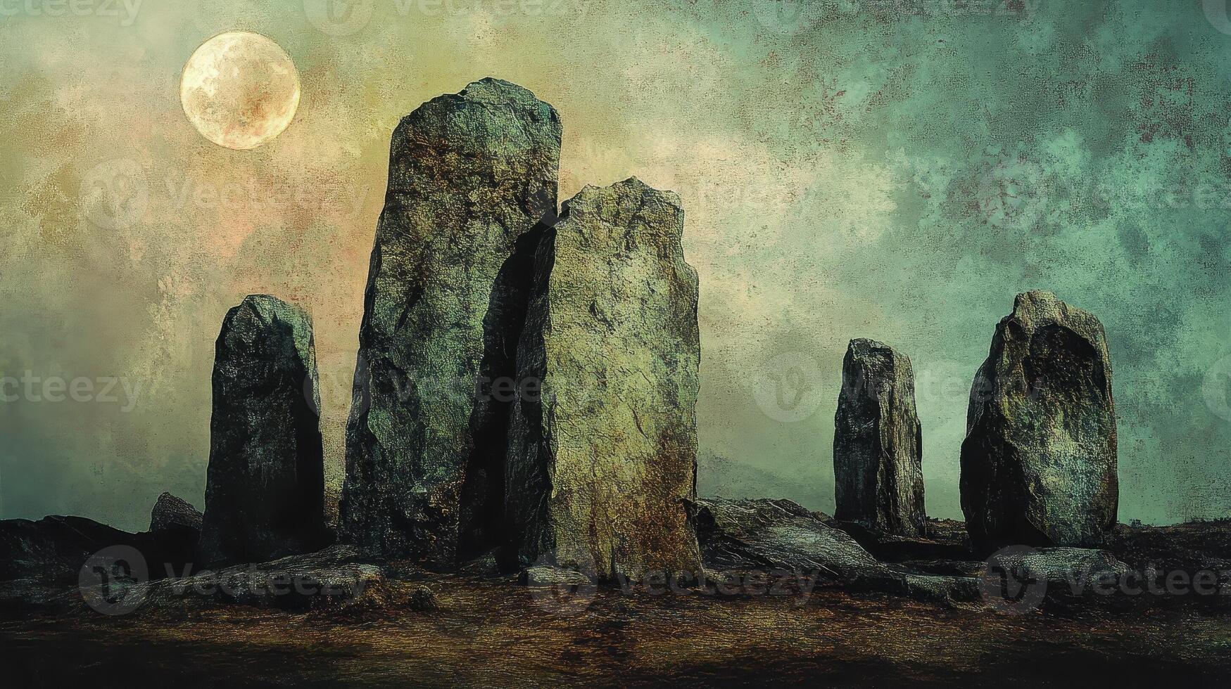 Standing stones beneath a pale moon create a somber scene photo