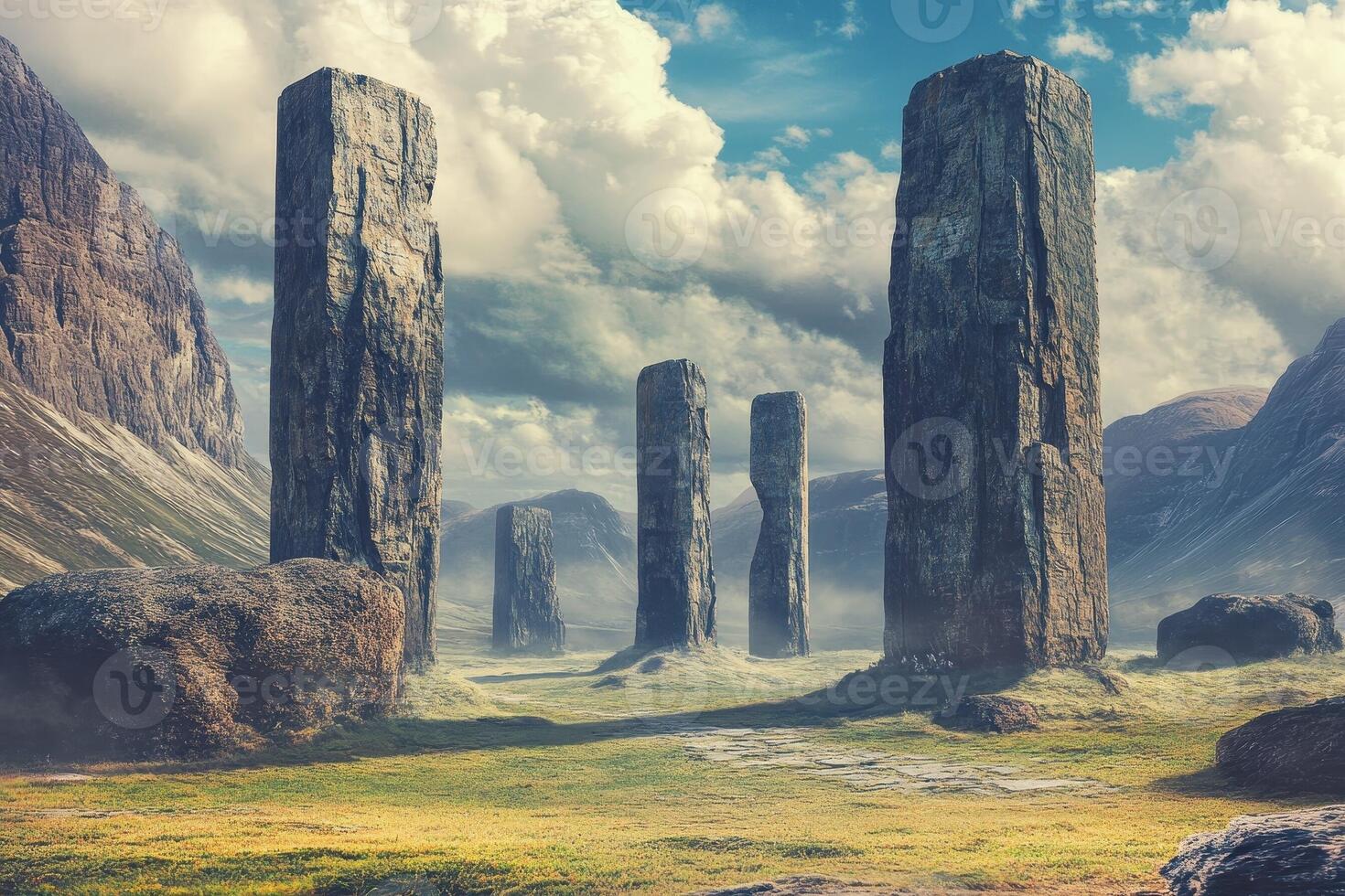 Standing stones monoliths dominate a mountainous landscape under a cloudy sky photo