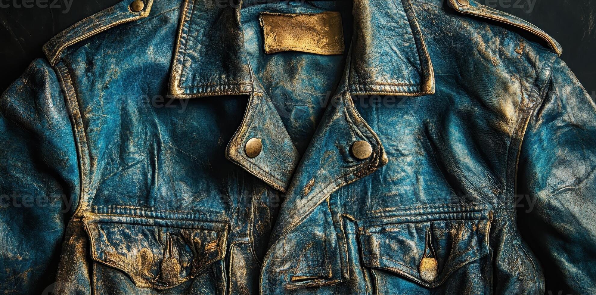 Distressed blue leather jacket with gold accents shown closeup photo