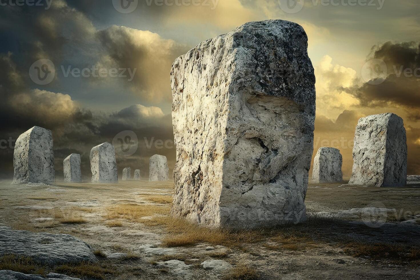 Stone monuments stand tall in a desolate and moody landscape photo
