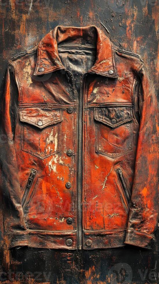 Distressed red leather jacket displayed on a dark background photo