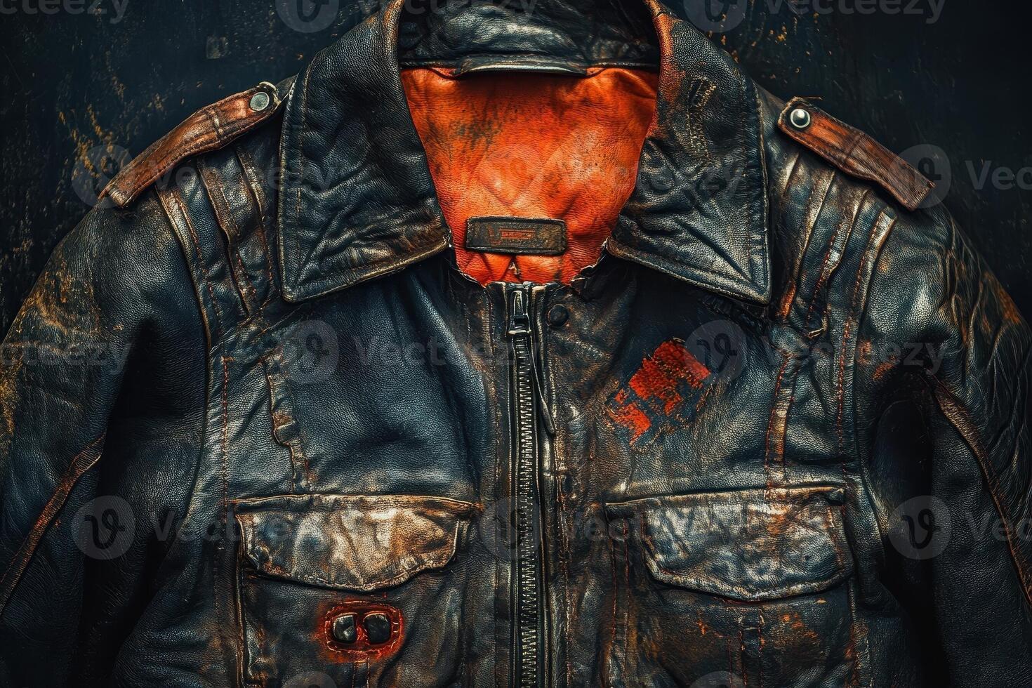 Close up shot of vintage distressed black leather jacket photo