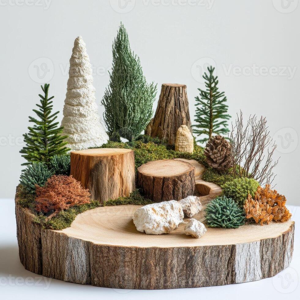 Miniature forest display featuring various trees and wood textures photo