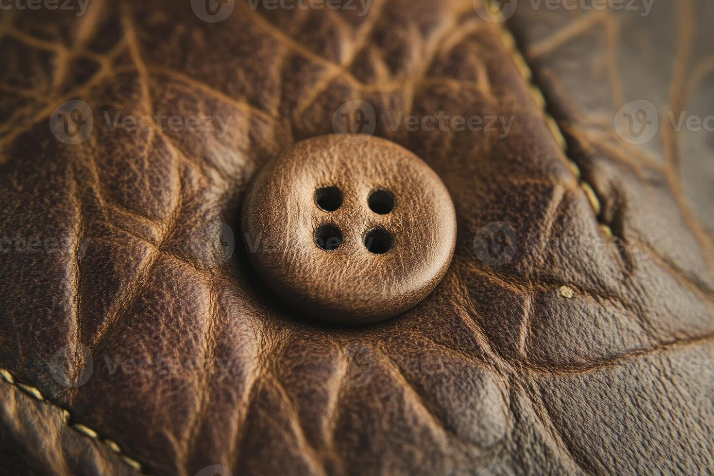 A round brown button sews on a leather garment piece photo