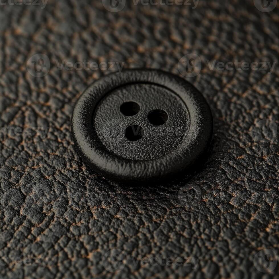 Dark brown button with three holes rests on leather surface photo
