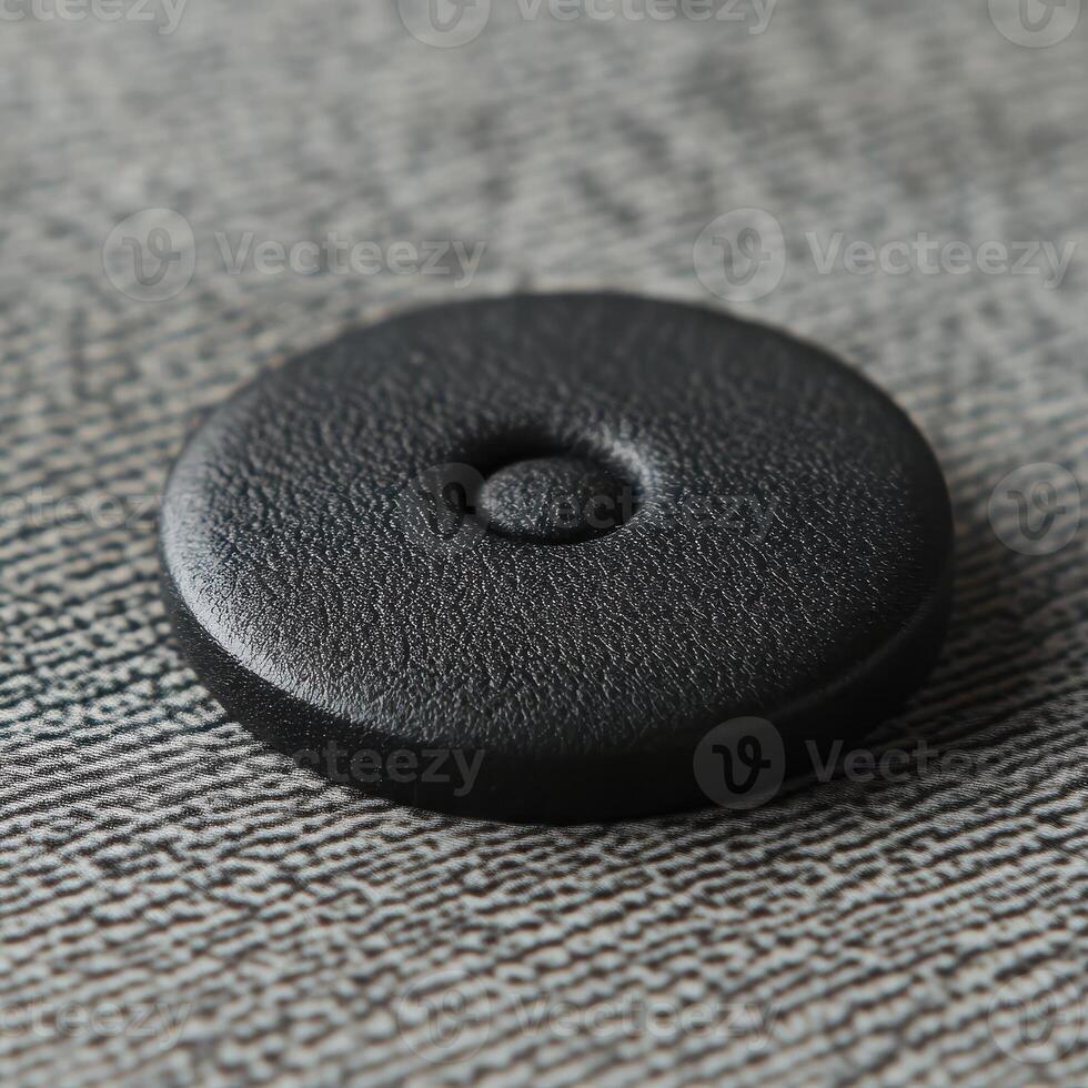 Black textured circular object with central raised button shape photo