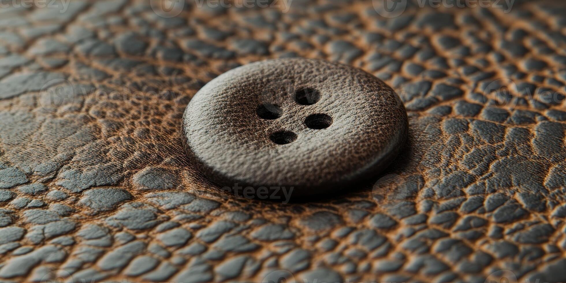 Macro view shows brown button stitched onto cracked leather surface photo