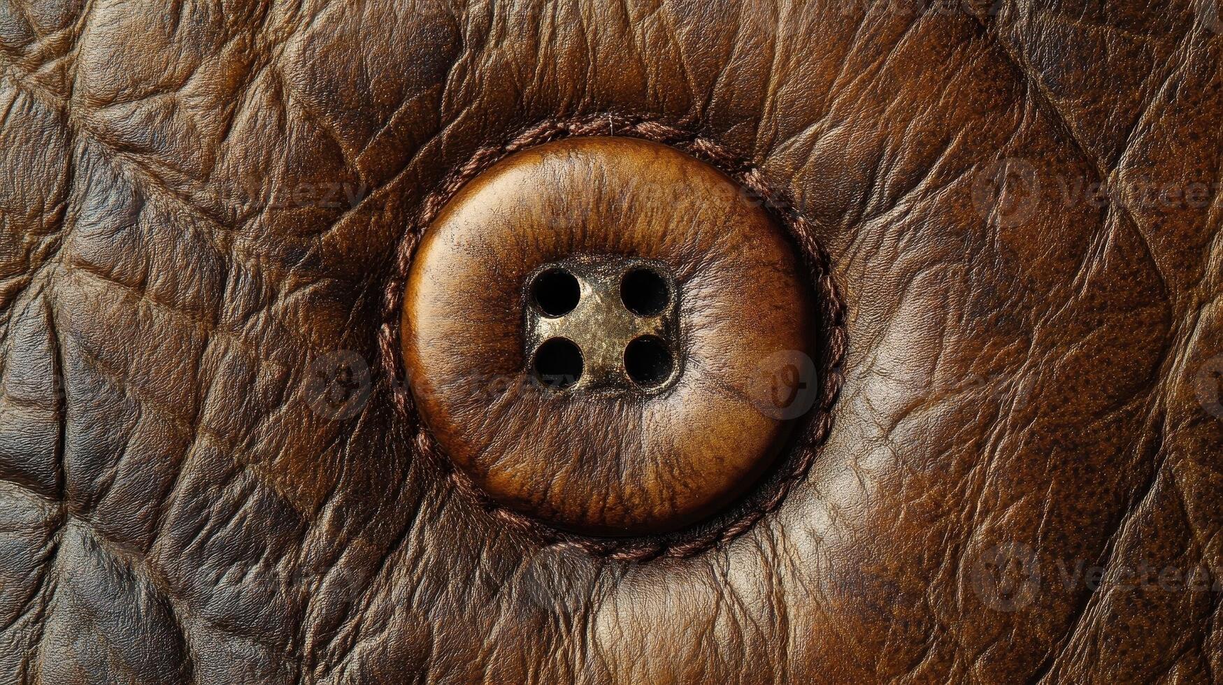 Close up image shows a button sewn onto brown leather photo