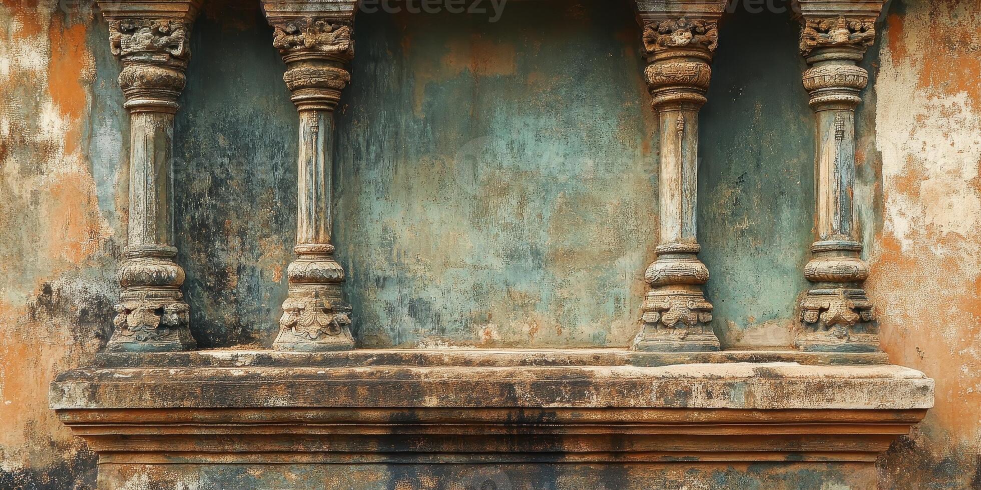 Four ornamental pillars adorn a weathered wall with aged texture photo