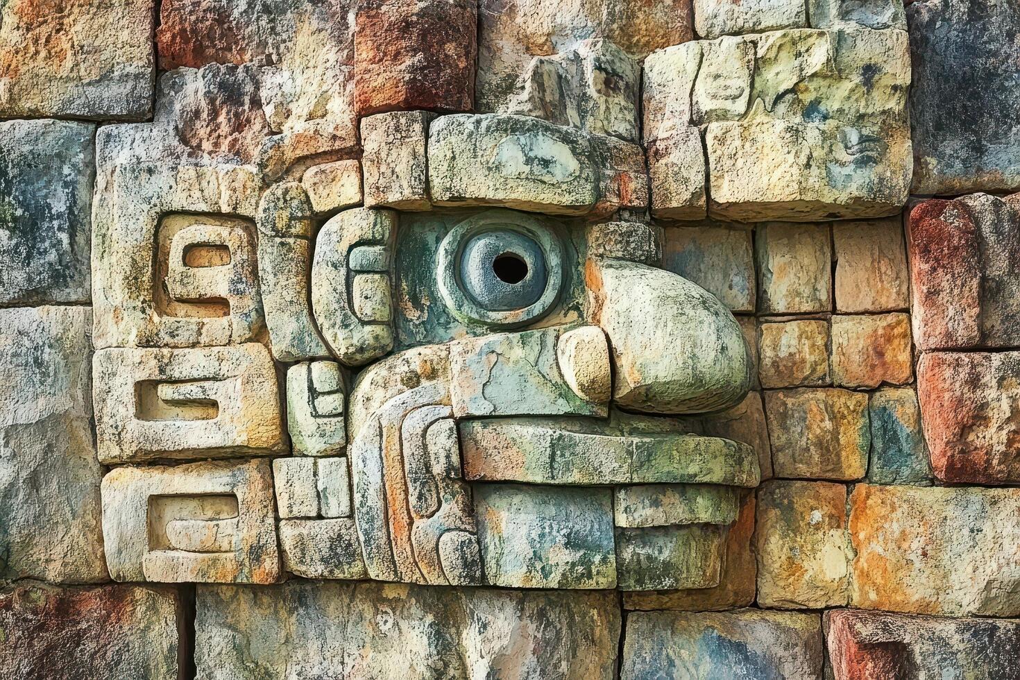 Stone carving of a face on ancient mayan architecture photo
