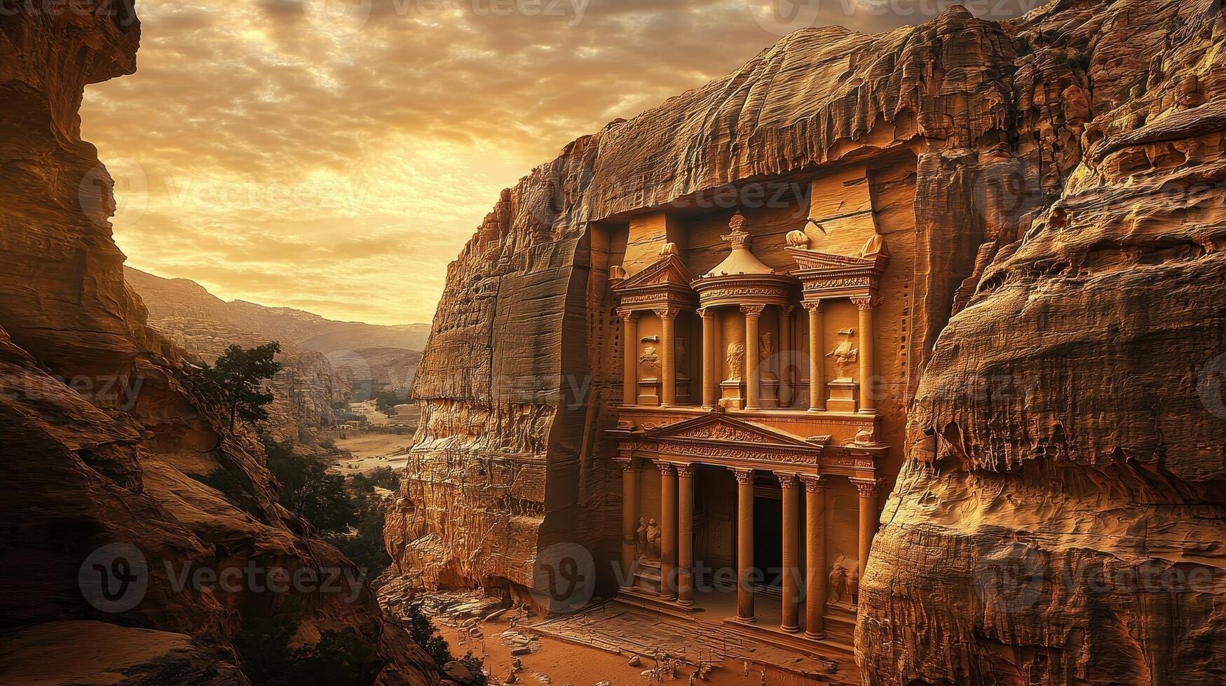 The Treasury in Petra is carved into sandstone cliffs photo