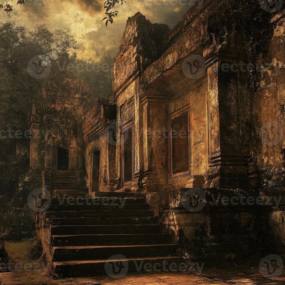 Ancient stone temple facade and steps amidst jungle foliage photo