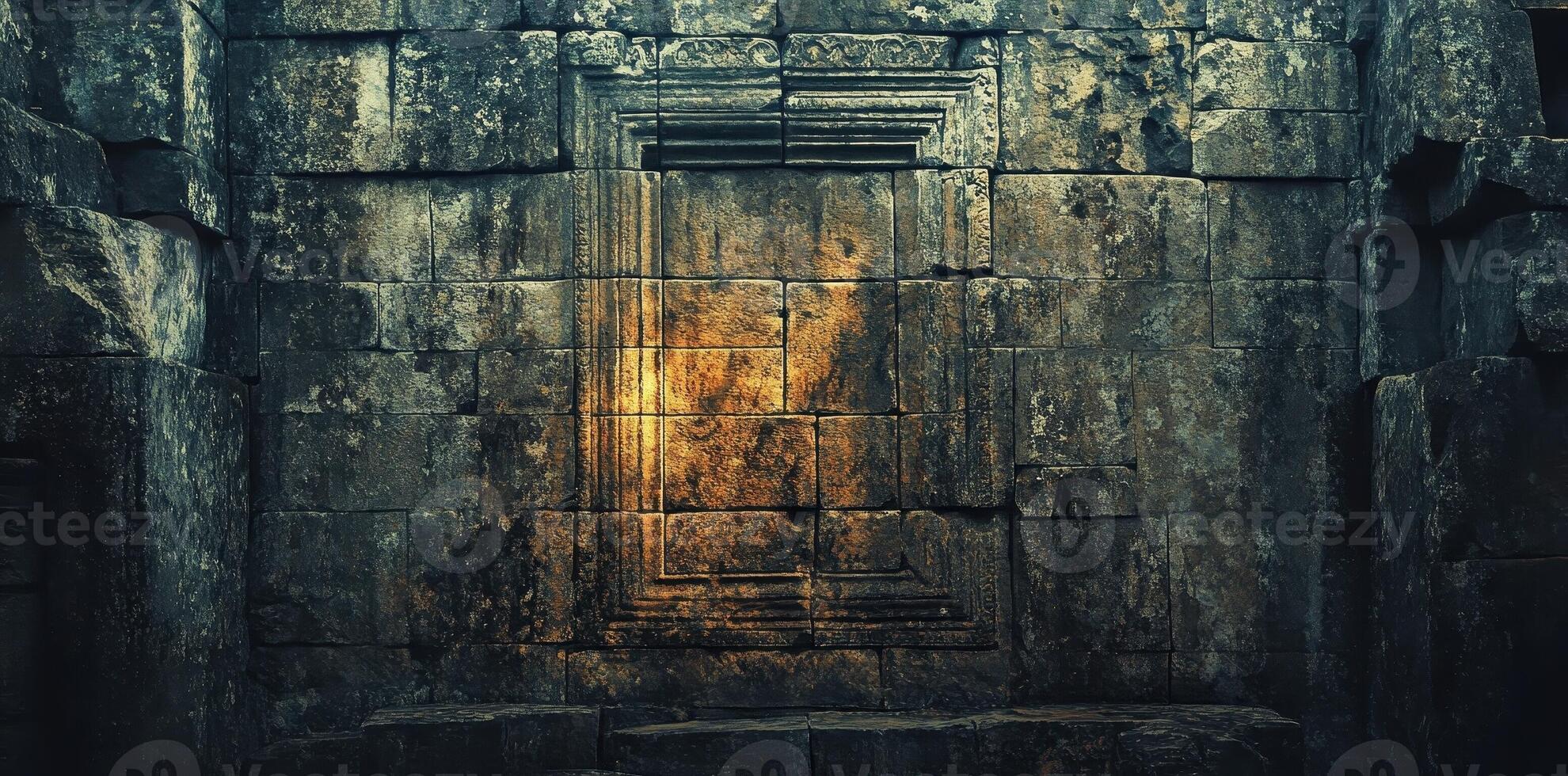 Ancient stone wall section features carved rectangular design element photo