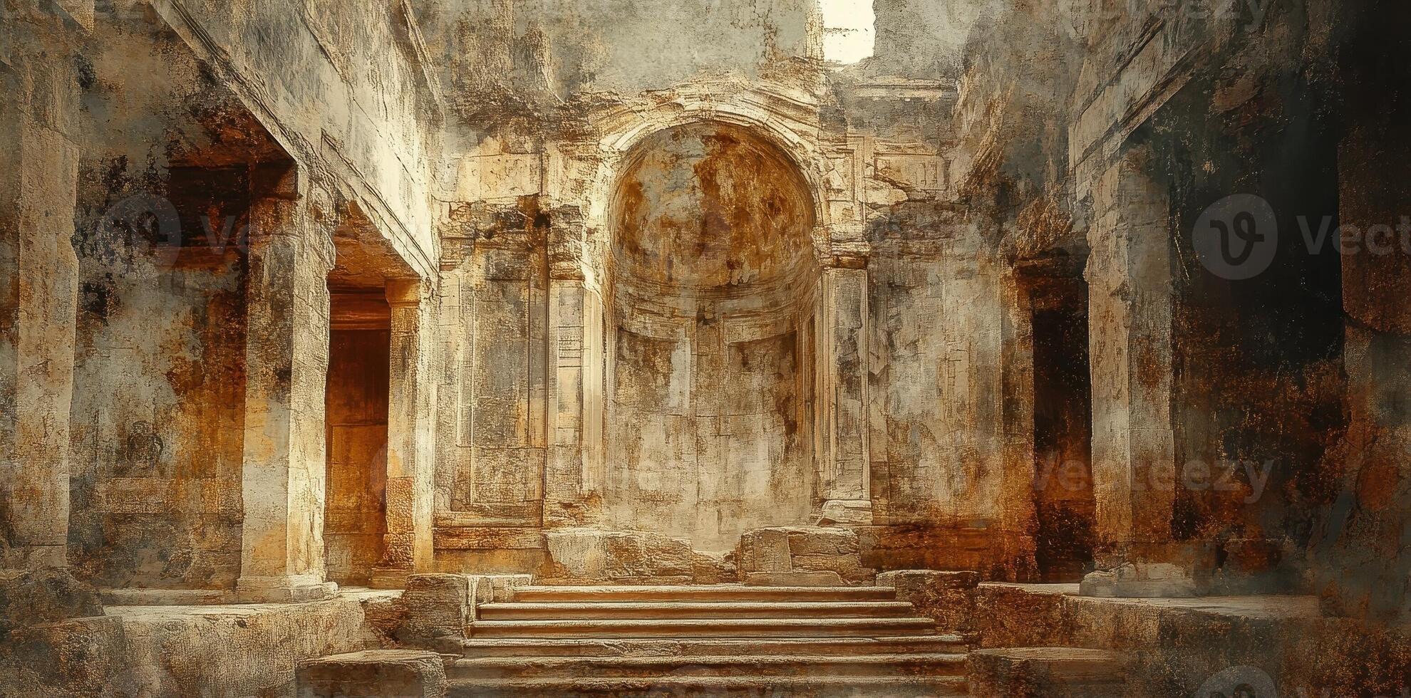Ancient ruins display intricate architecture of stone and faded grandeur photo