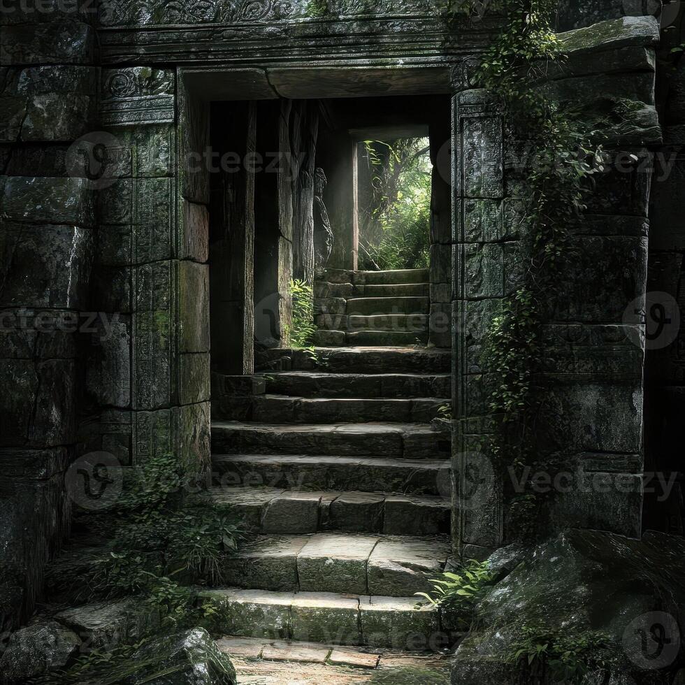 Ancient stone staircase leads to jungle temple ruins entrance photo