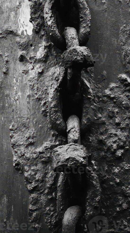 A weathered chain is embedded in heavily textured surface photo