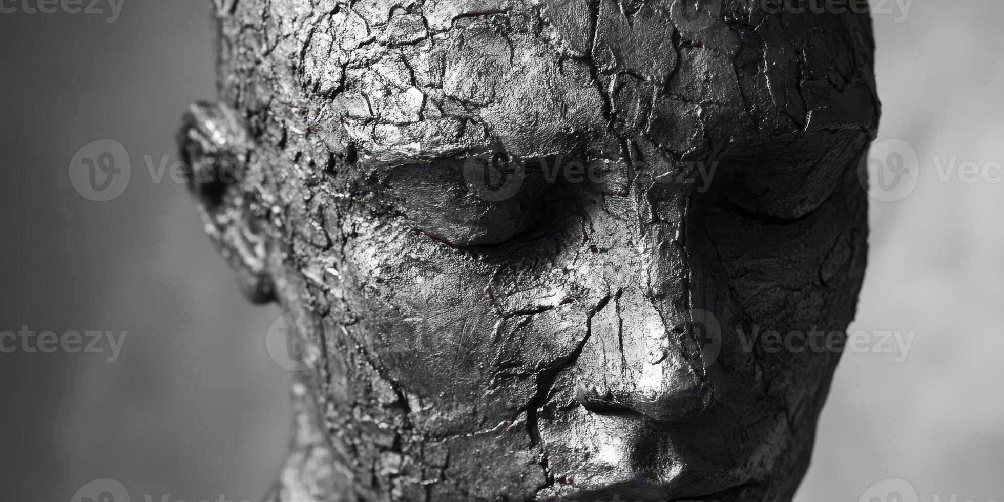Cracked and textured face sculpture with closed eyes in monochrome photo