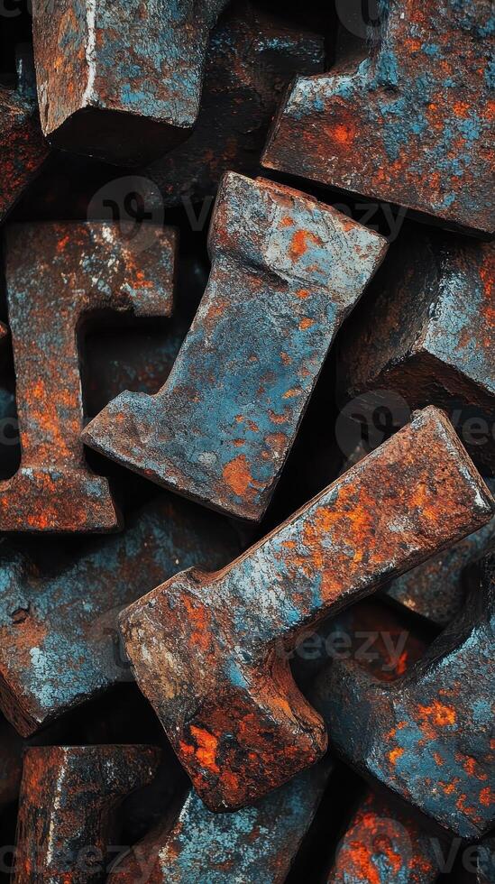 Stack of rusty metal axe heads showing wear and tear photo