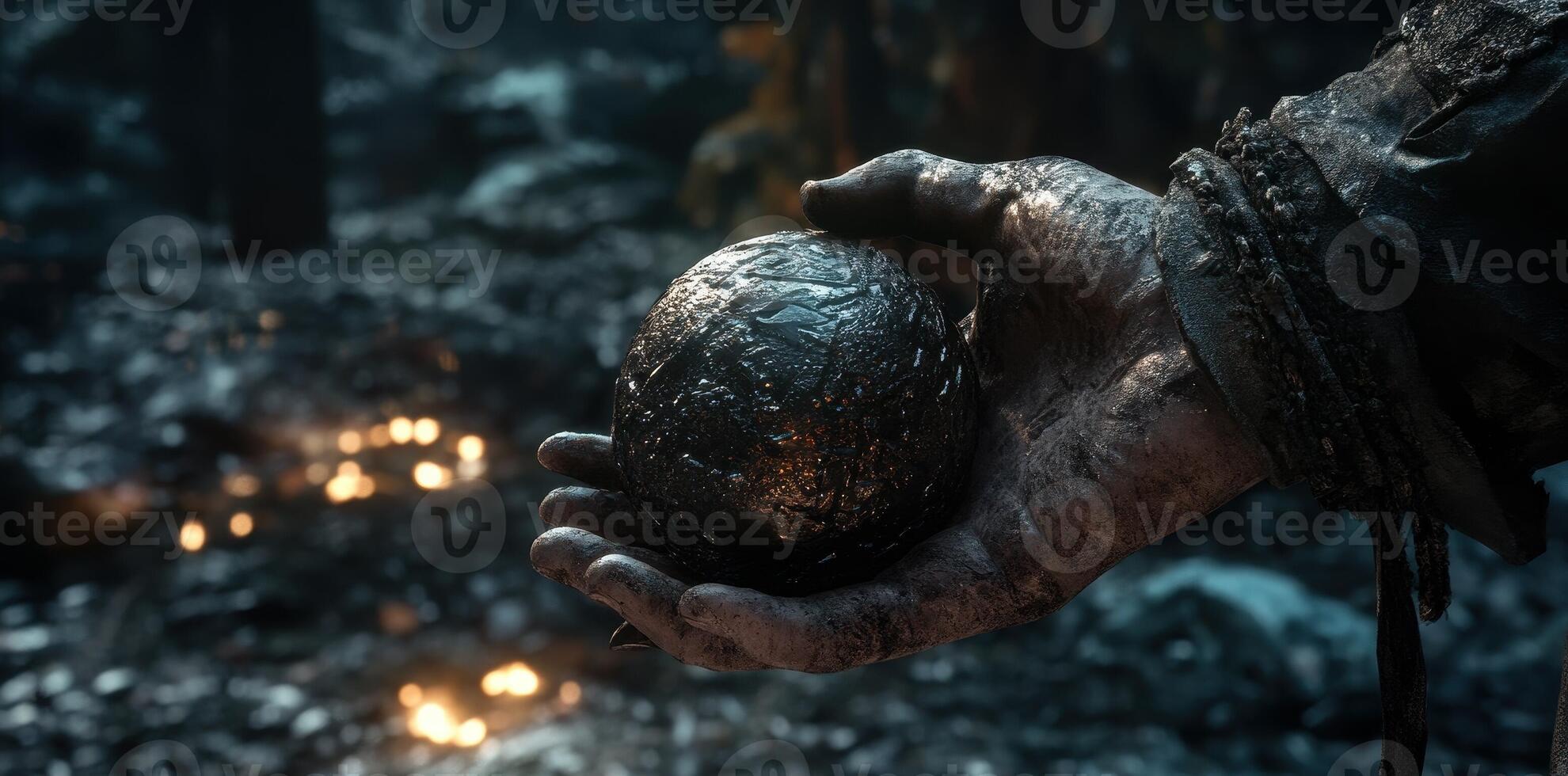A weathered hand holds a dark textured spherical artifact photo