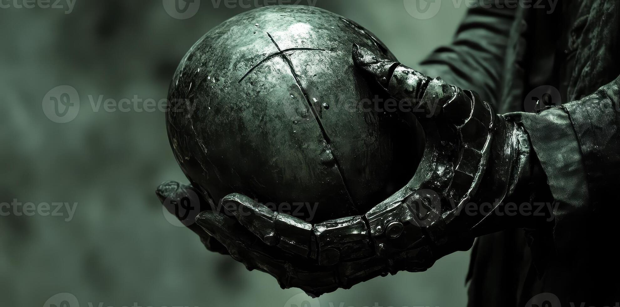 Armored hand holds worn sphere etched with intersecting lines photo