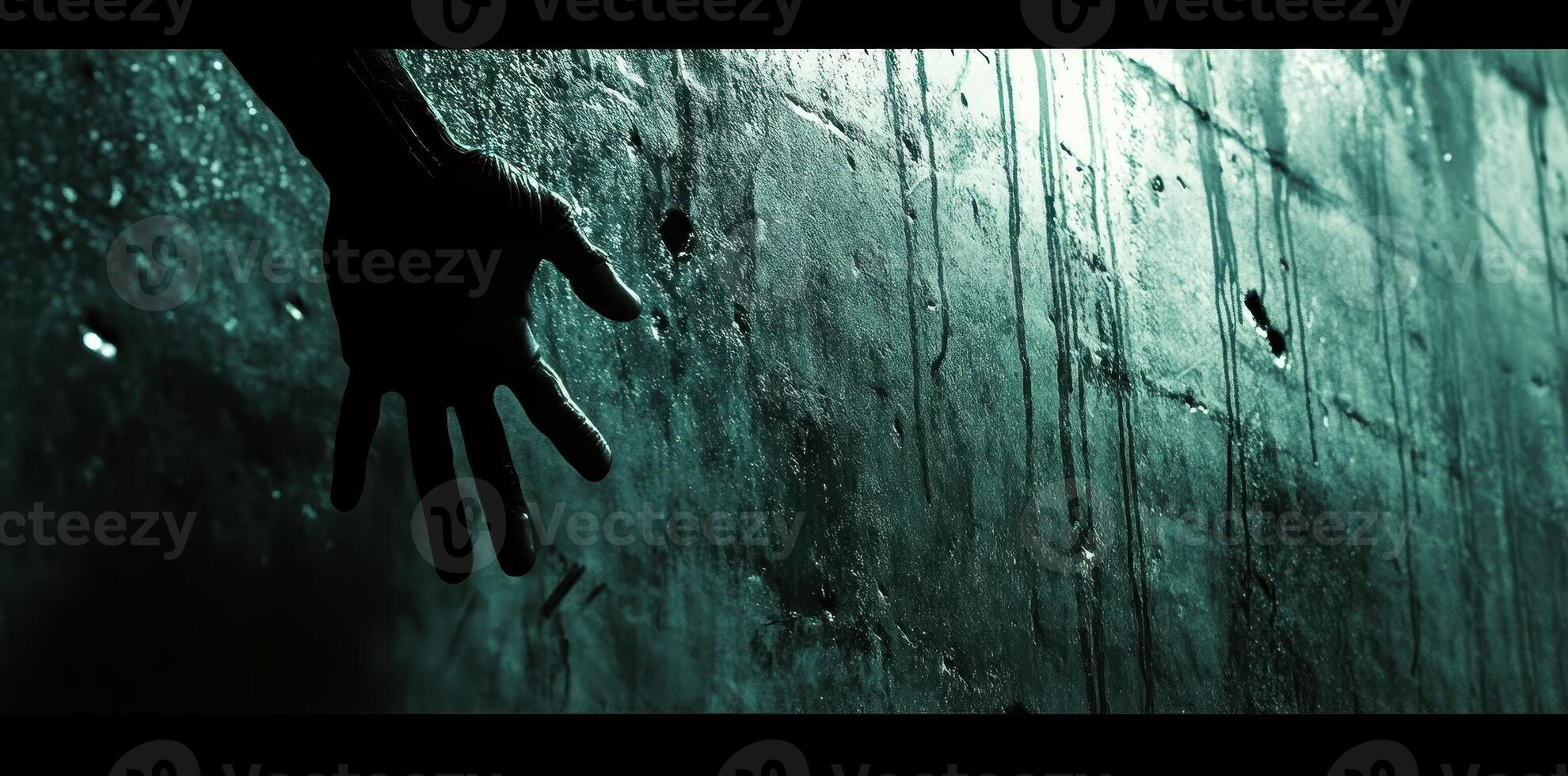 Desperate hand reaches toward a dark and textured surface photo