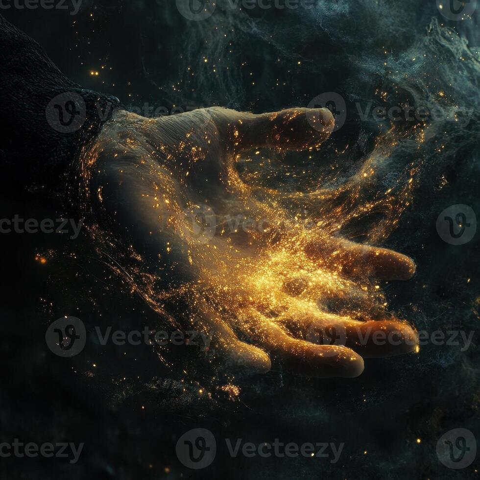 Human hand holding swirling galaxy of golden light particles photo