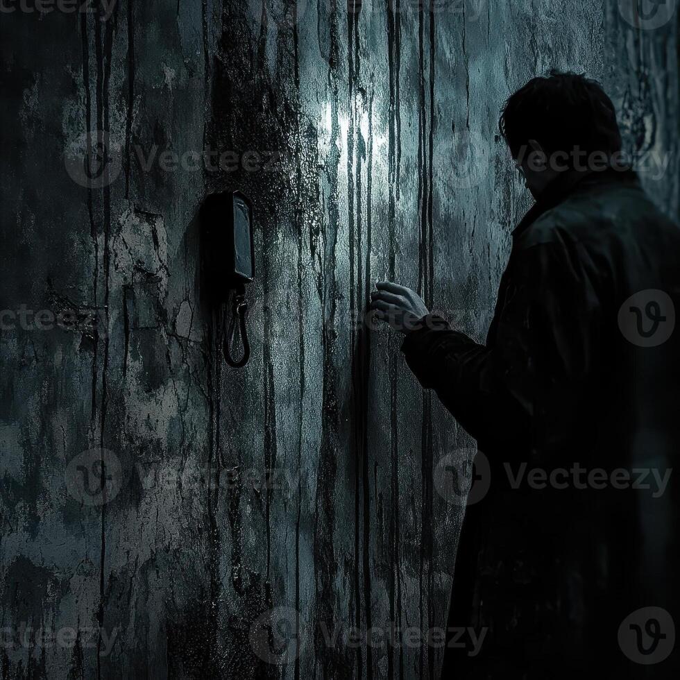 Man stands before a wall next to a telephone device photo