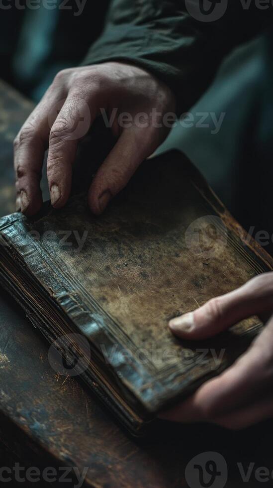 Hands gently hold a weathered and ancient leather bound book photo