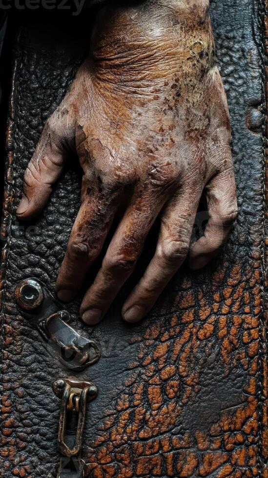 Worn hand rests on aged textured leather surface closeup photo