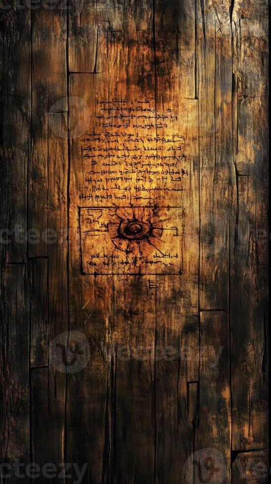 Ancient weathered wooden surface etched with cryptic symbols and text photo