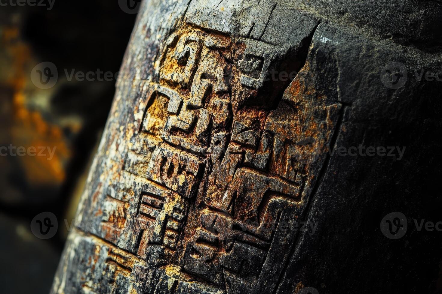 Ancient stone carving displays intricate patterns and possible glyphs photo