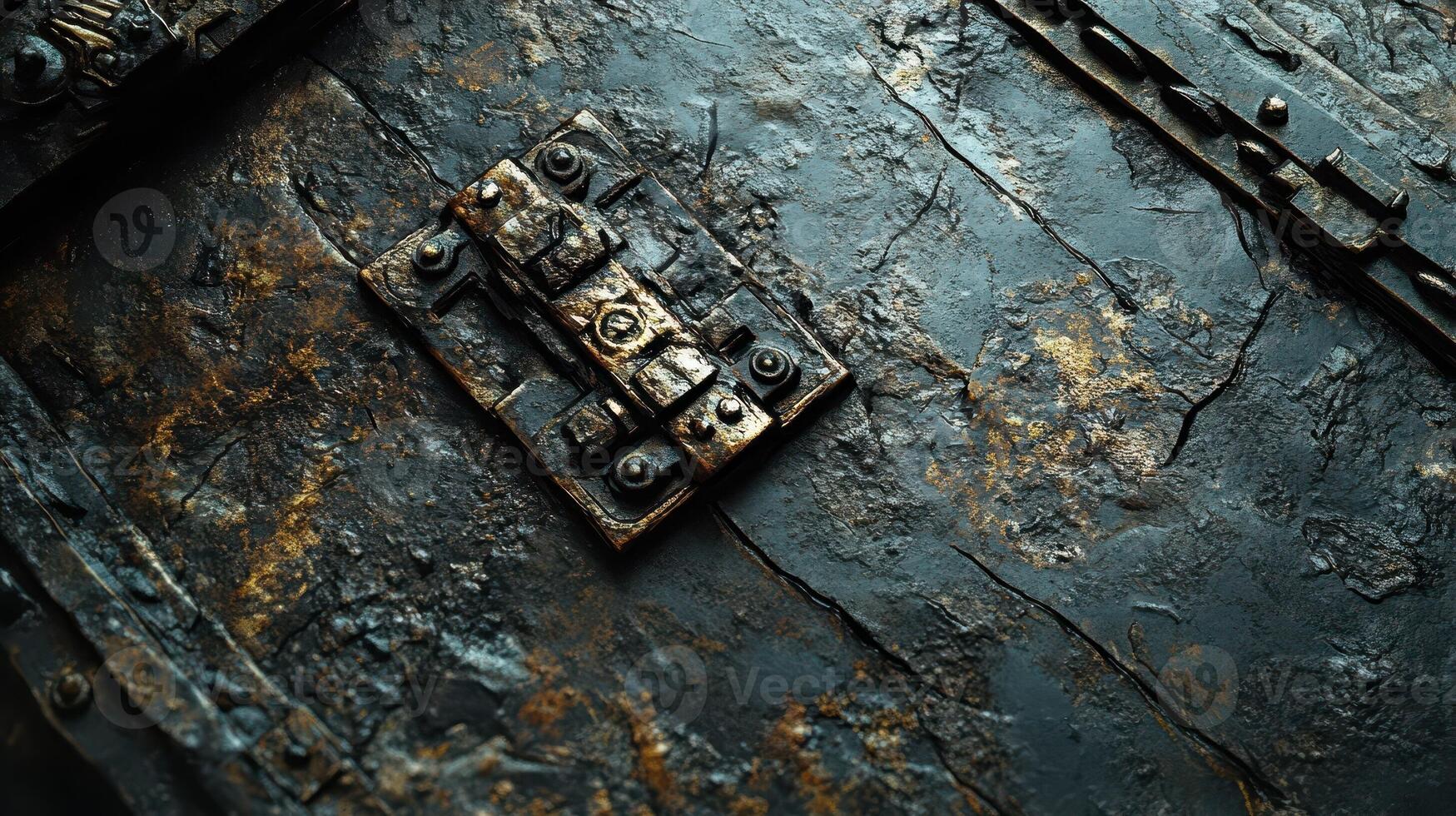 Old wooden chest lid with metal lock and hardware photo
